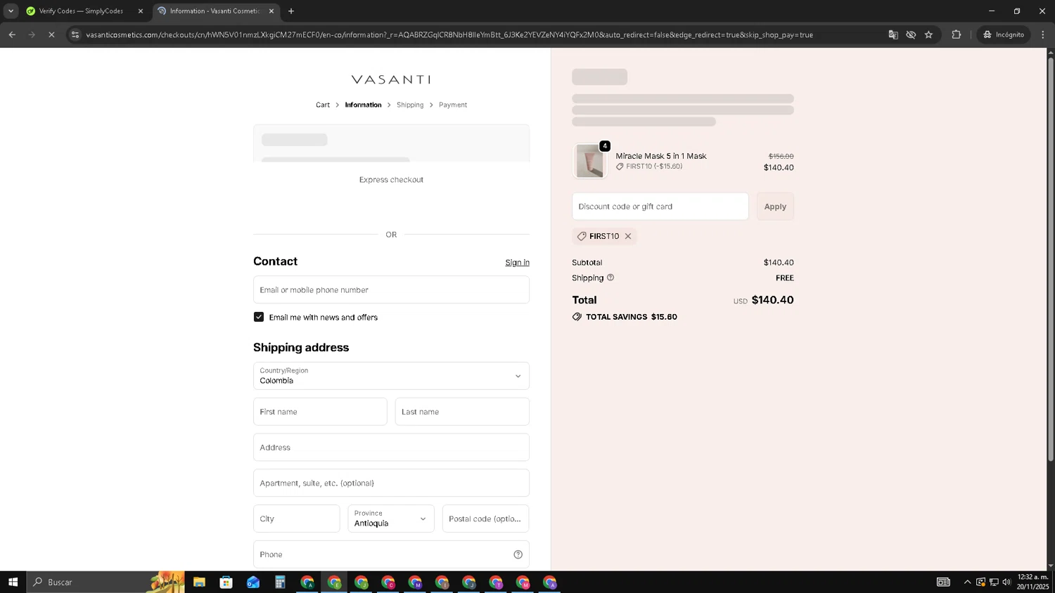 Vasanti Cosmetics promo code screenshot showing code First10 applied at Vasanti Cosmetics checkout page. Uploaded by SimplyCodes community member SUZUKIV on Nov 20, 2025
