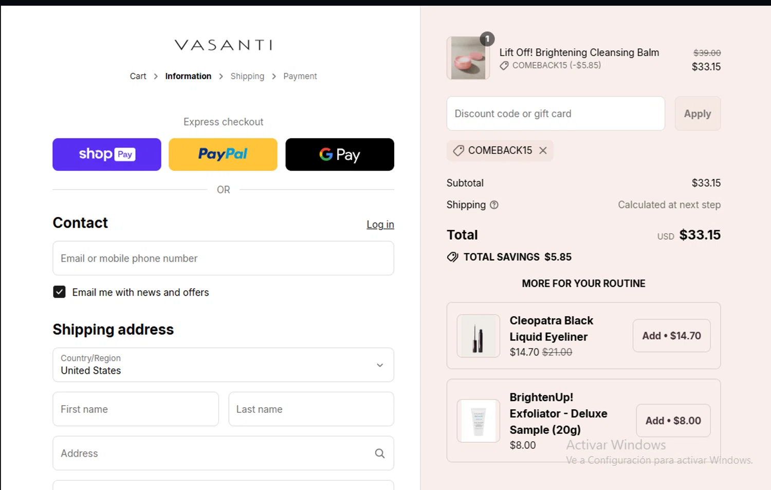 Vasanti Cosmetics promo code screenshot showing code COMEBACK15 applied at Vasanti Cosmetics checkout page. Uploaded by SimplyCodes community member Lestara_23 on Aug 27, 2025