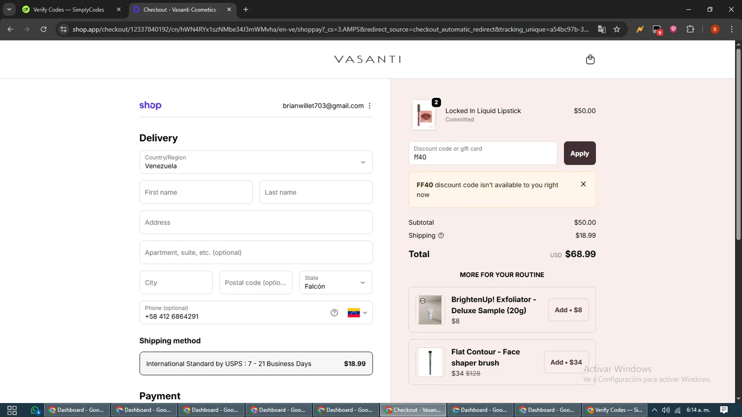Vasanti Cosmetics promo code screenshot showing code ff40 applied at Vasanti Cosmetics checkout page. Uploaded by SimplyCodes community member BrilliantLynx7174 on Oct 23, 2025