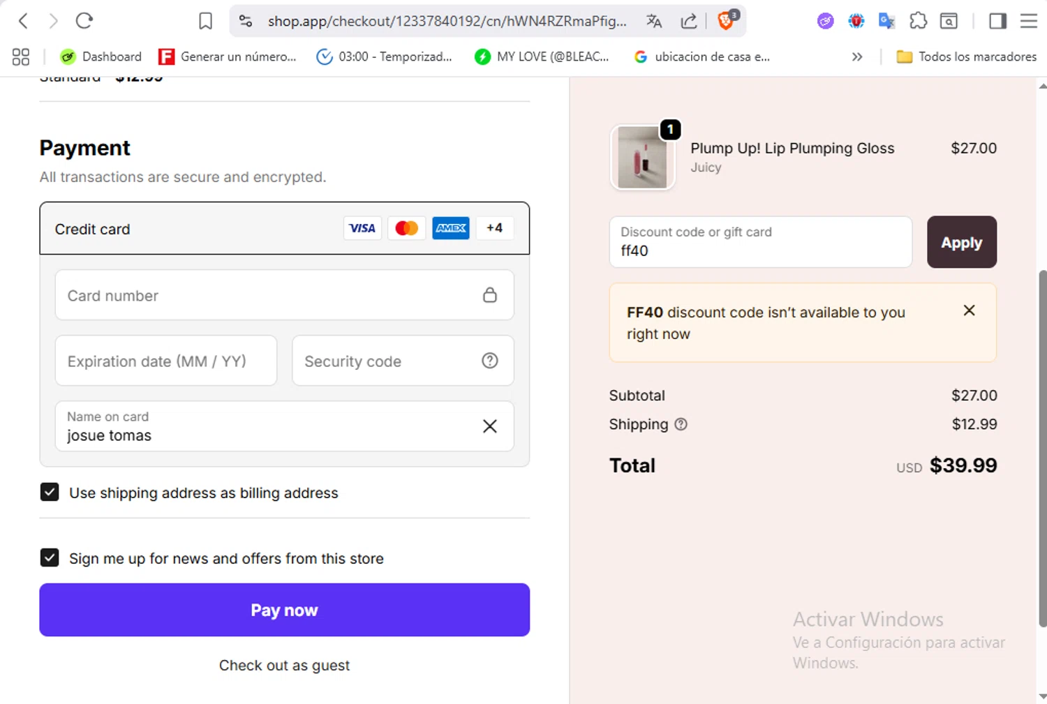 Vasanti Cosmetics promo code screenshot showing code ff40 applied at Vasanti Cosmetics checkout page. Uploaded by SimplyCodes community member VoucherFalcon3942 on Oct 23, 2025