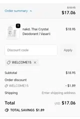 Welcome15 coupon verification screenshot
