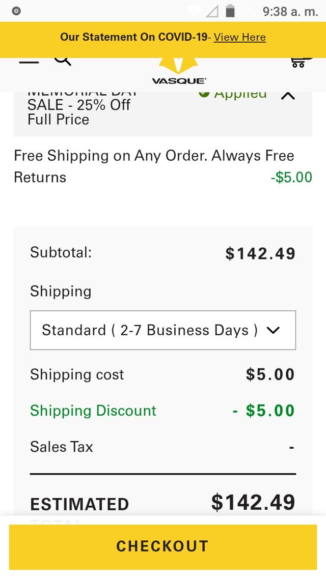 Vasque checkout page showing Vasque promo code box | Screenshot taken by SimplyCodes community member on May 21, 2020