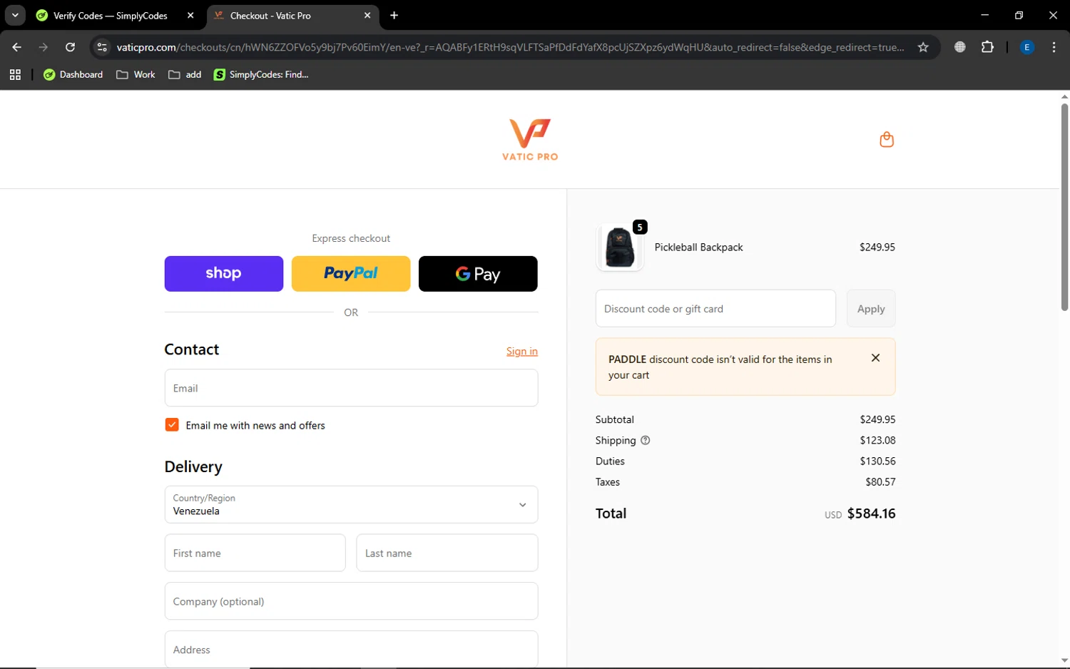 Vatic Pro discount code screenshot showing code PADDLE applied at Vatic Pro checkout page. Uploaded by SimplyCodes community member MoneyGenius452 on Dec 18, 2025