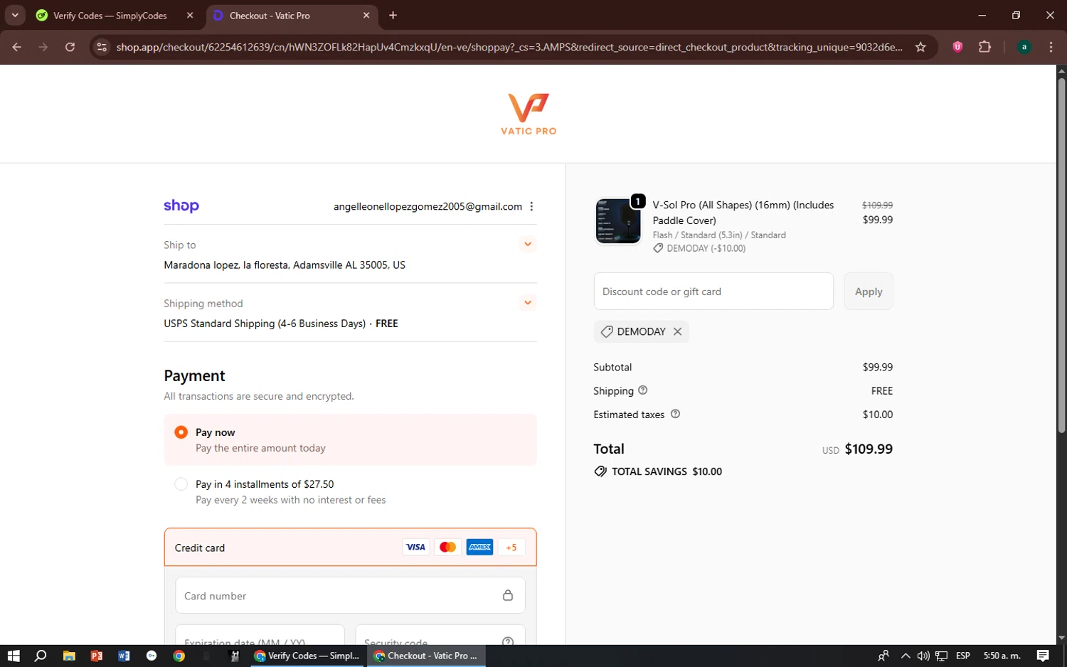 Vatic Pro discount code screenshot showing code DEMODAY applied at Vatic Pro checkout page. Uploaded by SimplyCodes community member zizu55 on Sep 30, 2025