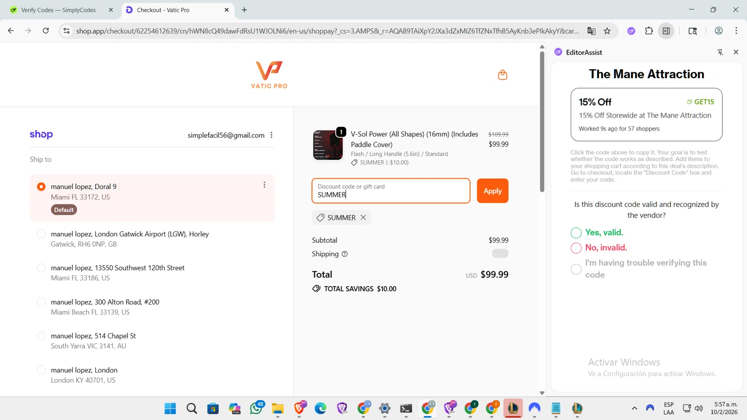 Vatic Pro checkout page showing Vatic Pro discount code box | Screenshot taken by SimplyCodes community member on Feb 10, 2026