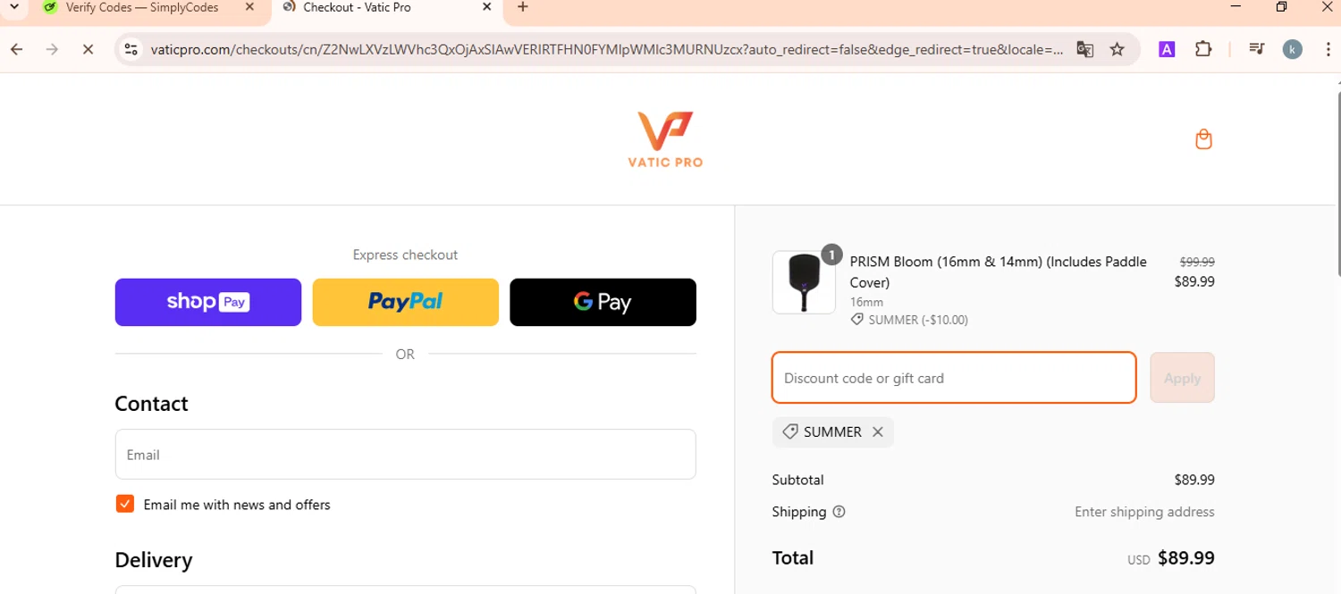 Vatic Pro discount code screenshot showing code SUMMER applied at Vatic Pro checkout page. Uploaded by SimplyCodes community member FortunateMaven6799 on Mar 10, 2025