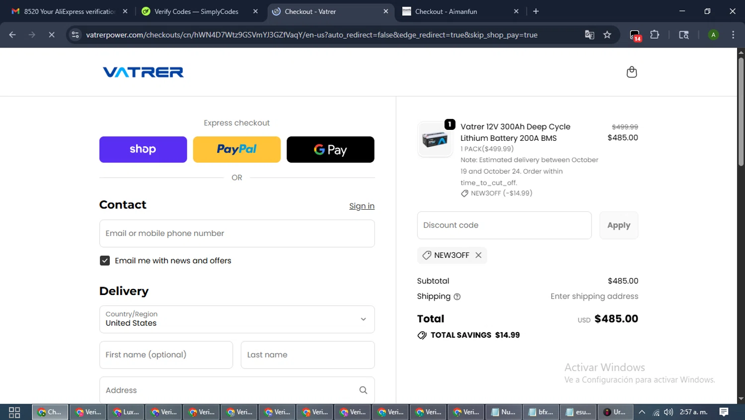 Vatrer discount code screenshot showing code NEW3OFF applied at Vatrer checkout page. Uploaded by SimplyCodes community member CashLynx5338 on Oct 17, 2025