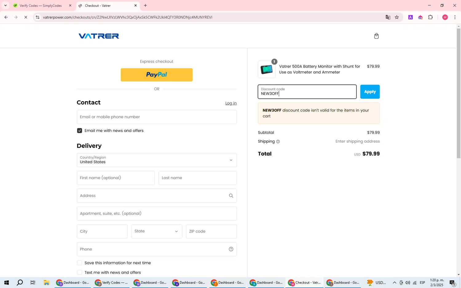 Vatrer discount code screenshot showing code NEW3OFF applied at Vatrer checkout page. Uploaded by SimplyCodes community member DealWizard5321 on Mar 2, 2025