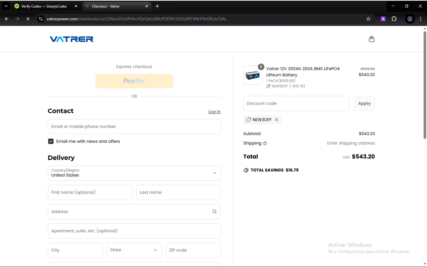 Vatrer discount code screenshot showing code NEW3OFF applied at Vatrer checkout page. Uploaded by SimplyCodes community member hugofraile on Apr 24, 2025