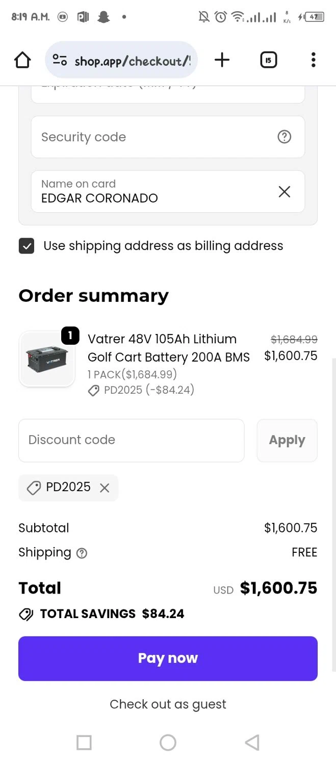 Vatrer discount code screenshot showing code PD2025 applied at Vatrer checkout page. Uploaded by SimplyCodes community member BonusVoyager4214 on Oct 21, 2025
