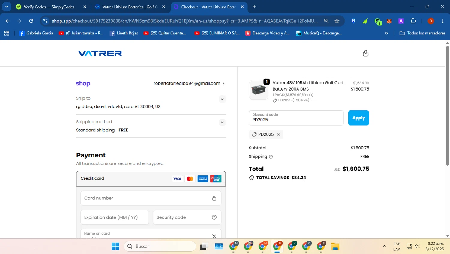 Vatrer discount code screenshot showing code PD2025 applied at Vatrer checkout page. Uploaded by SimplyCodes community member robertotorrealba on Dec 3, 2025
