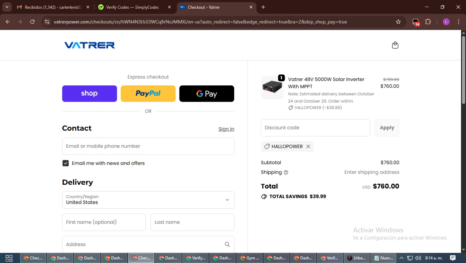 Vatrer discount code screenshot showing code HALLOPOWER applied at Vatrer checkout page. Uploaded by SimplyCodes community member RewardScout5160 on Oct 21, 2025