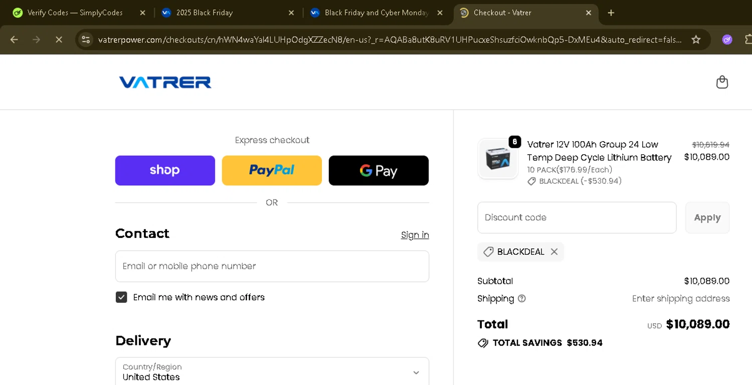 Vatrer discount code screenshot showing code BLACKDEAL applied at Vatrer checkout page. Uploaded by SimplyCodes community member ManTheWeed on Nov 5, 2025