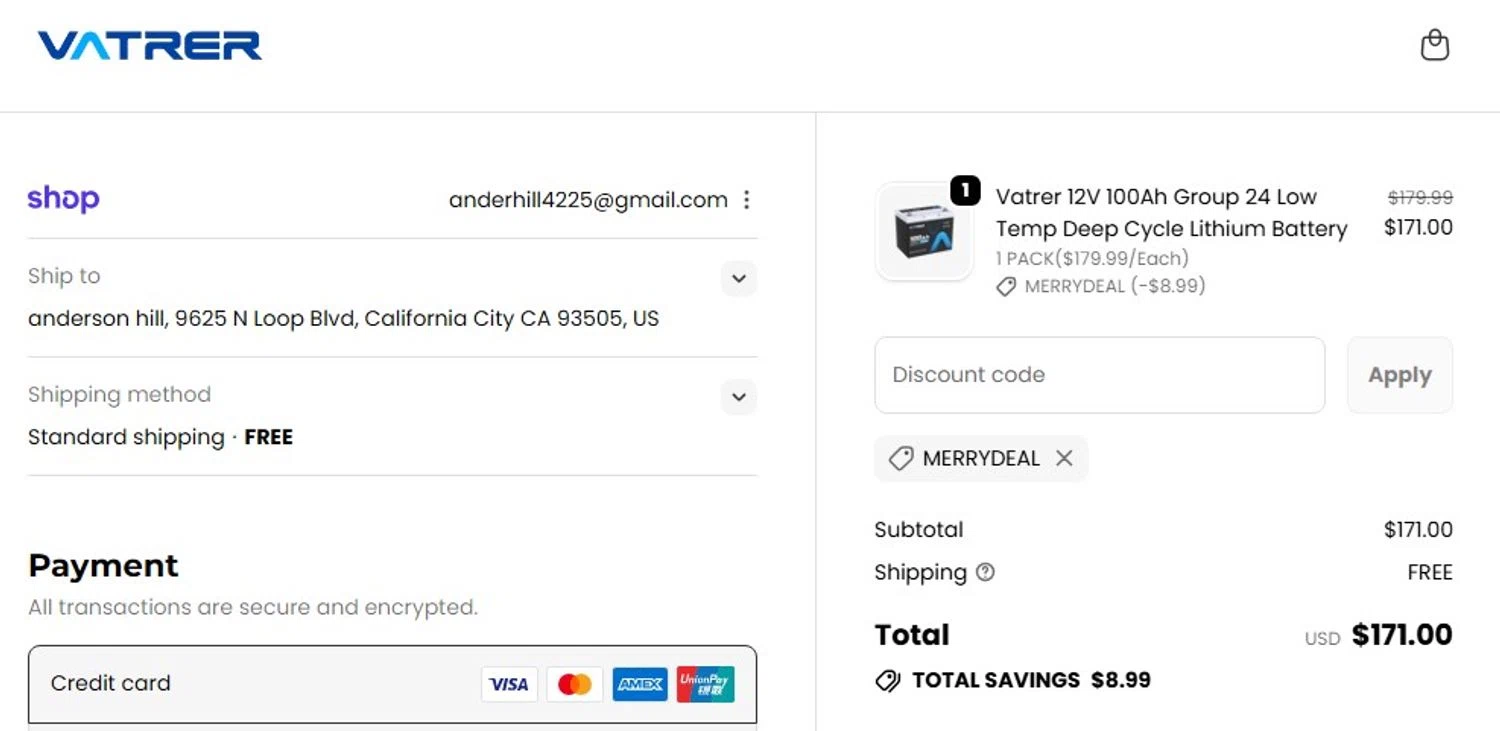 Vatrer discount code screenshot showing code merrydeal applied at Vatrer checkout page. Uploaded by SimplyCodes community member Elcompa on Dec 10, 2025