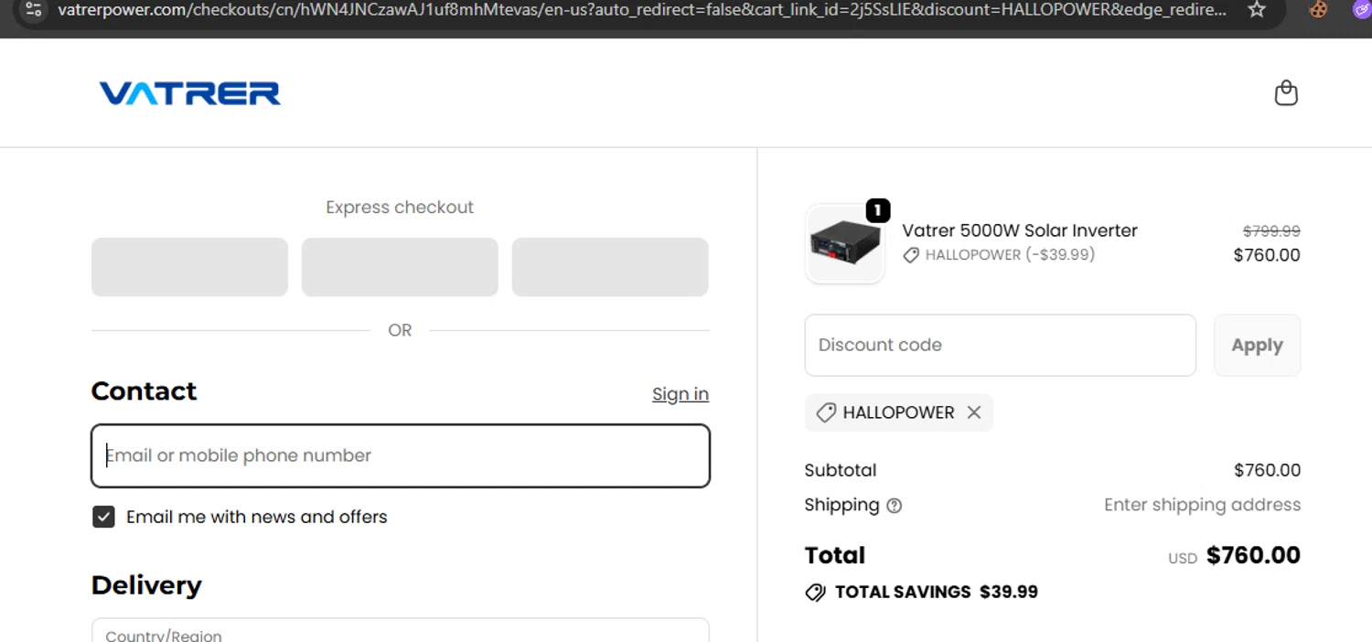 Vatrer discount code screenshot showing code HALLOPOWER applied at Vatrer checkout page. Uploaded by SimplyCodes community member javierprez on Oct 19, 2025