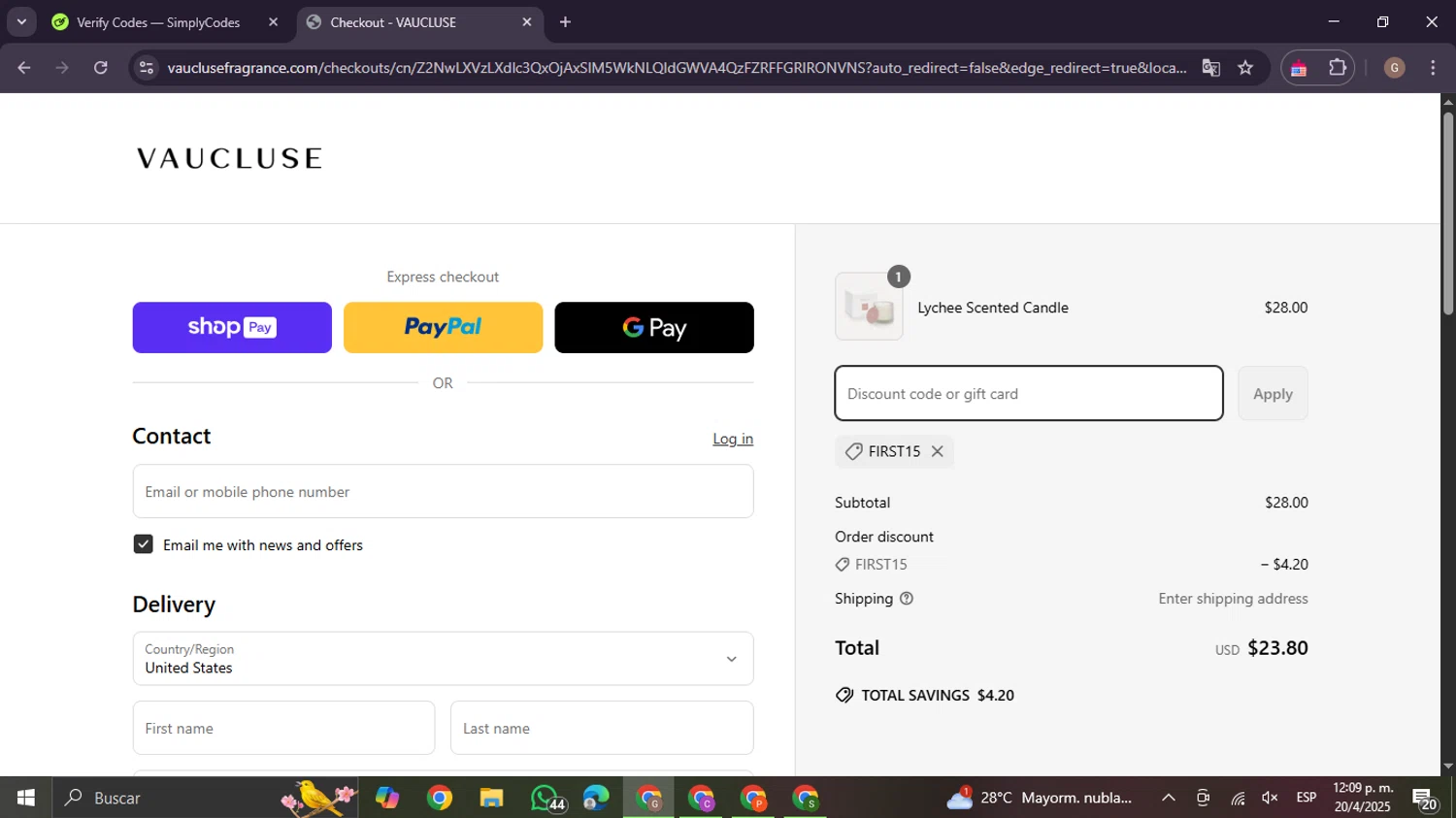 VAUCLUSE discount code screenshot showing code FIRST15 applied at VAUCLUSE checkout page. Uploaded by SimplyCodes community member BrilliantTracker4207 on Apr 20, 2025