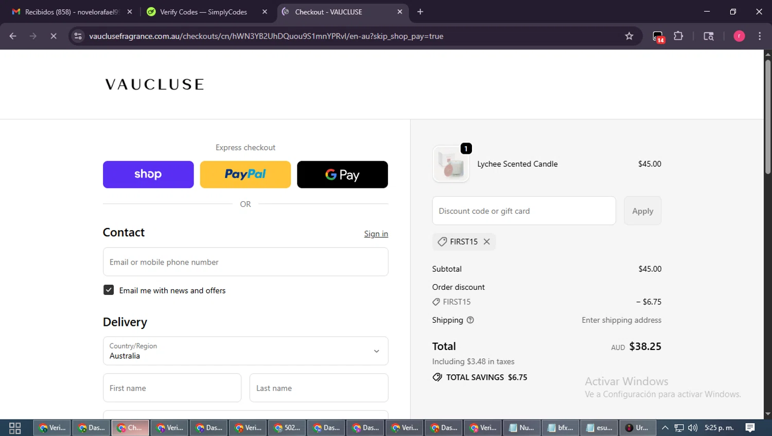 VAUCLUSE discount code screenshot showing code FIRST15 applied at VAUCLUSE checkout page. Uploaded by SimplyCodes community member WisePro3739 on Sep 29, 2025