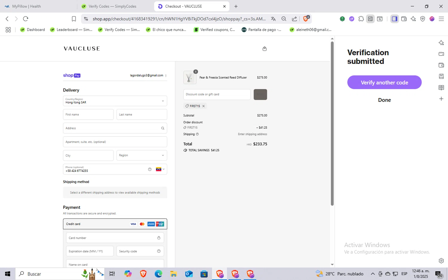 VAUCLUSE discount code screenshot showing code FIRST15 applied at VAUCLUSE checkout page. Uploaded by SimplyCodes community member Rayyyyyy on Aug 1, 2025