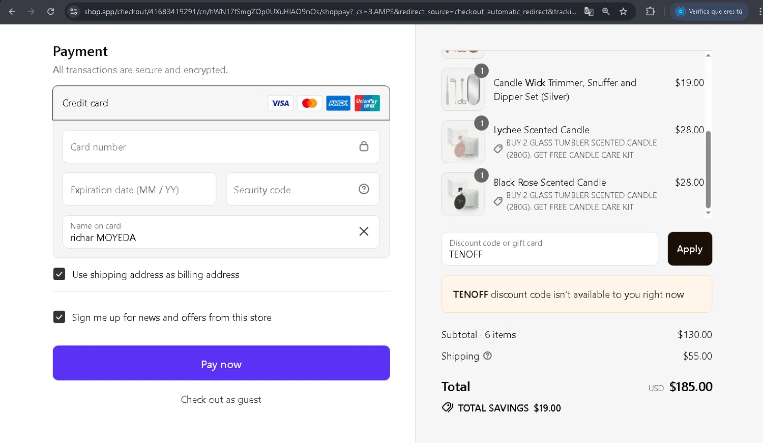 VAUCLUSE discount code screenshot showing code TENOFF applied at VAUCLUSE checkout page. Uploaded by SimplyCodes community member PromoBoss9319 on Jul 27, 2025