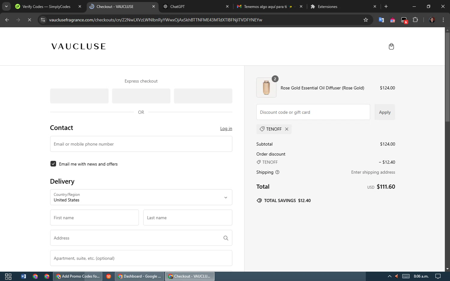 VAUCLUSE discount code screenshot showing code TENOFF applied at VAUCLUSE checkout page. Uploaded by SimplyCodes community member oooooi on Jan 11, 2025
