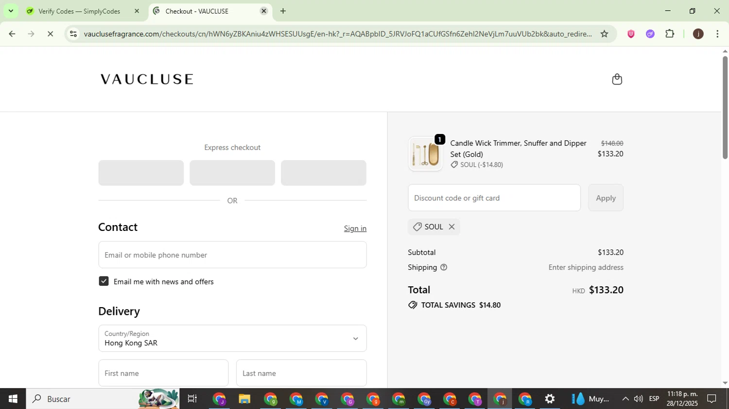 VAUCLUSE discount code screenshot showing code soul applied at VAUCLUSE checkout page. Uploaded by SimplyCodes community member WonderEagle9833 on Dec 29, 2025
