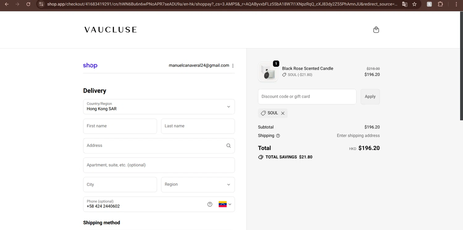 VAUCLUSE discount code screenshot showing code soul applied at VAUCLUSE checkout page. Uploaded by SimplyCodes community member Mongomery on Dec 8, 2025