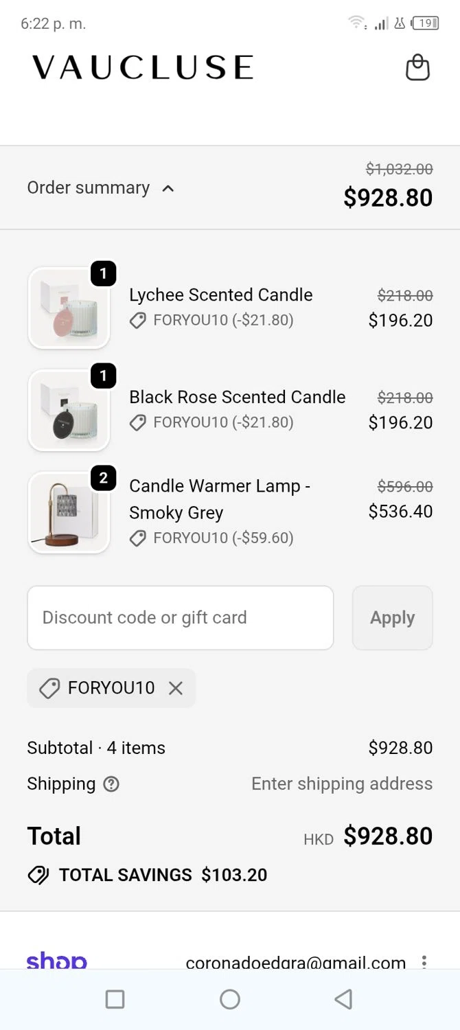 VAUCLUSE discount code screenshot showing code Foryou10 applied at VAUCLUSE checkout page. Uploaded by SimplyCodes community member tumiedo on Jan 6, 2026