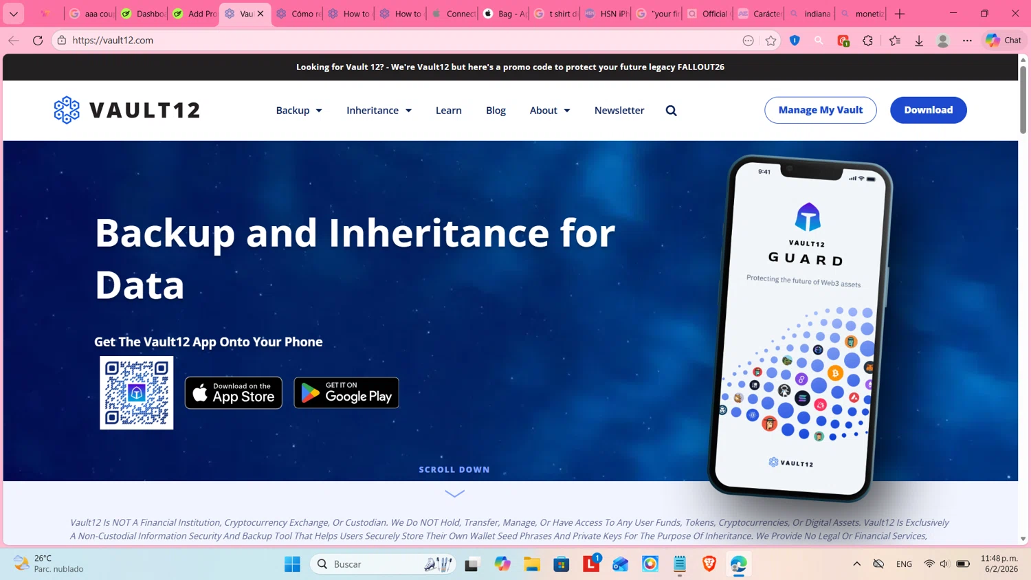 Vault12 promo code screenshot showing code FALLOUT26 applied at Vault12 checkout page. Uploaded by SimplyCodes community member cosita on Feb 7, 2026