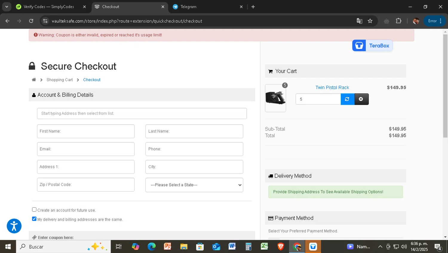 Vaultek Safe coupon code screenshot showing code EASTER20 applied at Vaultek Safe checkout page. Uploaded by SimplyCodes community member CrownWizard2212 on Feb 14, 2025