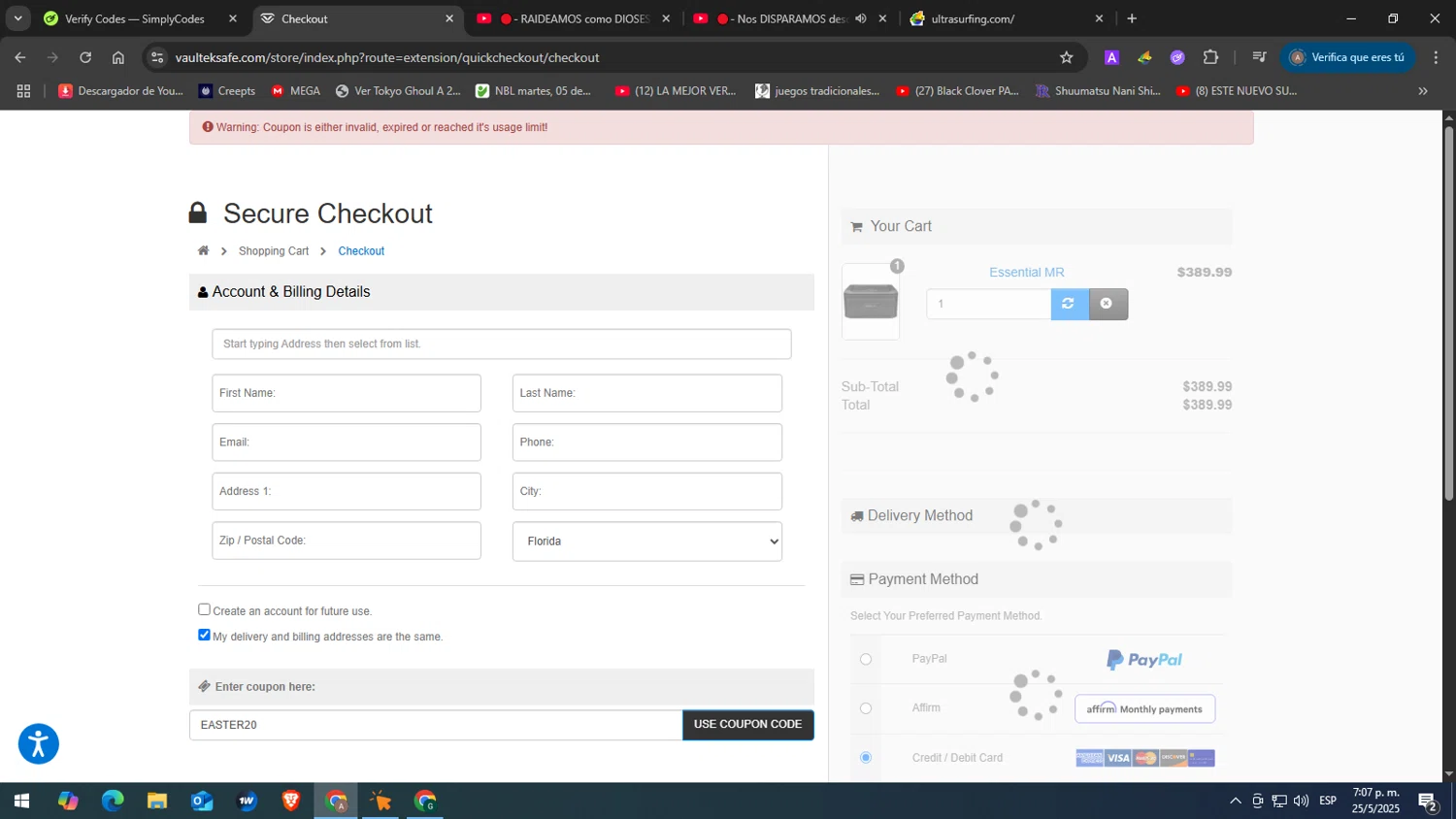Vaultek Safe coupon code screenshot showing code EASTER20 applied at Vaultek Safe checkout page. Uploaded by SimplyCodes community member yasabesssss on May 25, 2025