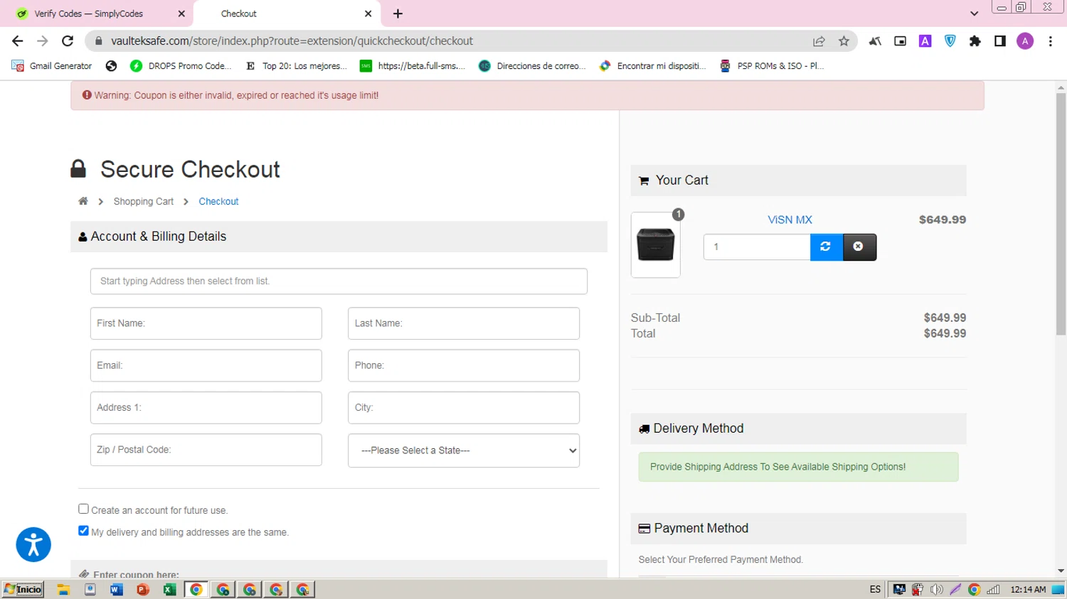 Vaultek Safe coupon code screenshot showing code Rdudzinski applied at Vaultek Safe checkout page. Uploaded by SimplyCodes community member ARCANGEL on Mar 30, 2025