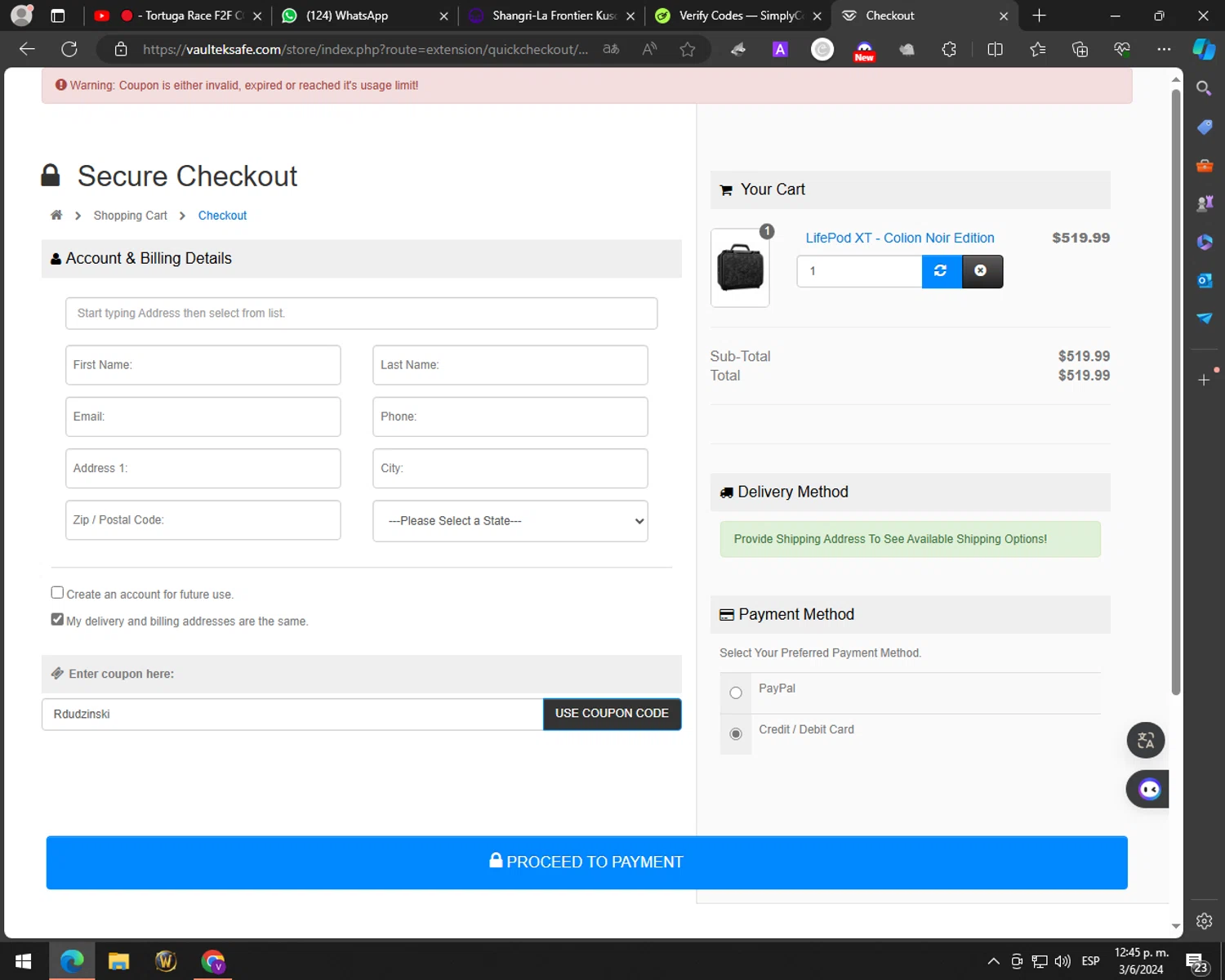 Vaultek Safe checkout page showing Vaultek Safe coupon code box | Screenshot taken by SimplyCodes community member on Jun 3, 2024