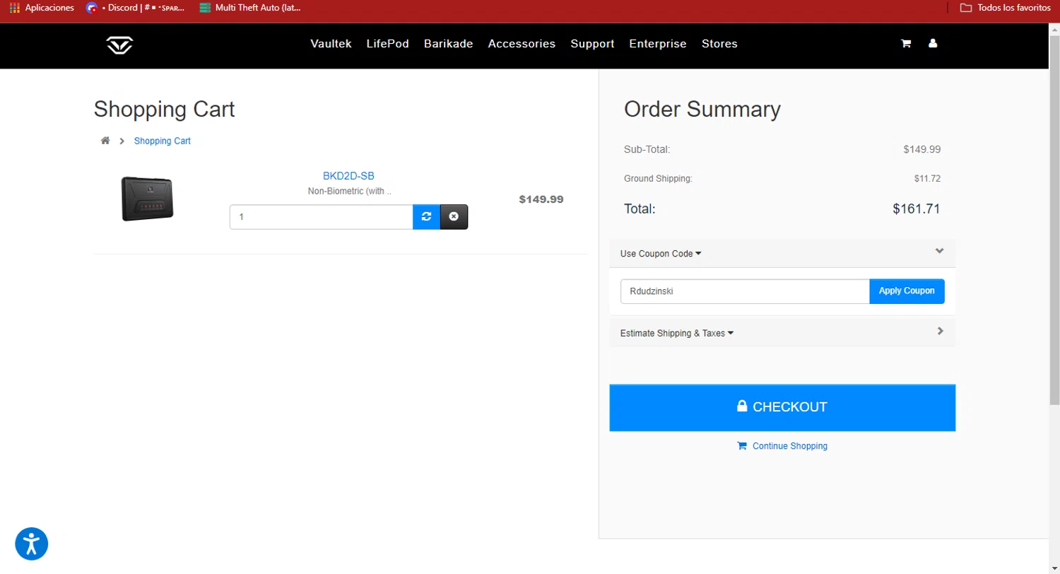 Vaultek Safe checkout page showing Vaultek Safe coupon code box | Screenshot taken by SimplyCodes community member on Sep 12, 2024