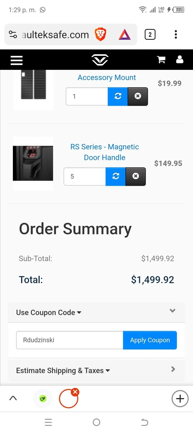 Vaultek Safe checkout page showing Vaultek Safe coupon code box | Screenshot taken by SimplyCodes community member on Sep 8, 2024