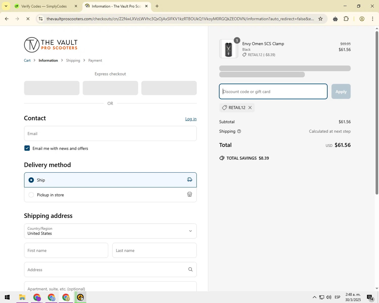 The Vault Pro Scooters discount code screenshot showing code RETAIL12 applied at The Vault Pro Scooters checkout page. Uploaded by SimplyCodes community member EnmaFoker on Mar 30, 2025
