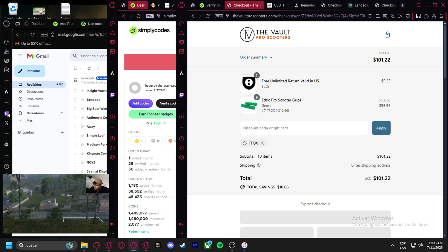 The Vault Pro Scooters discount code screenshot showing code TFOX applied at The Vault Pro Scooters checkout page. Uploaded by SimplyCodes community member Halanweik on Jul 11, 2025
