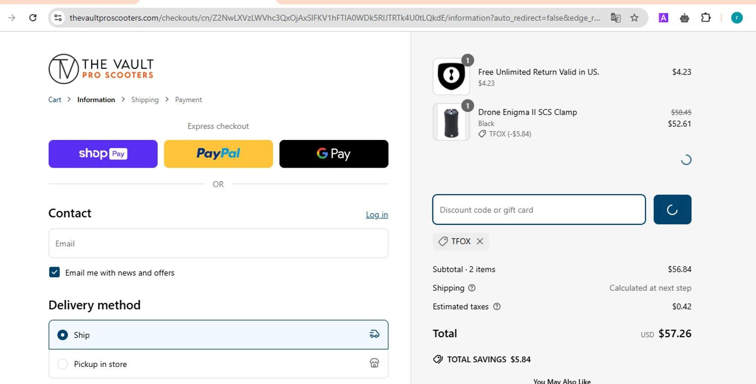 The Vault Pro Scooters discount code screenshot showing code TFOX applied at The Vault Pro Scooters checkout page. Uploaded by SimplyCodes community member TokenScout7028 on Mar 30, 2025