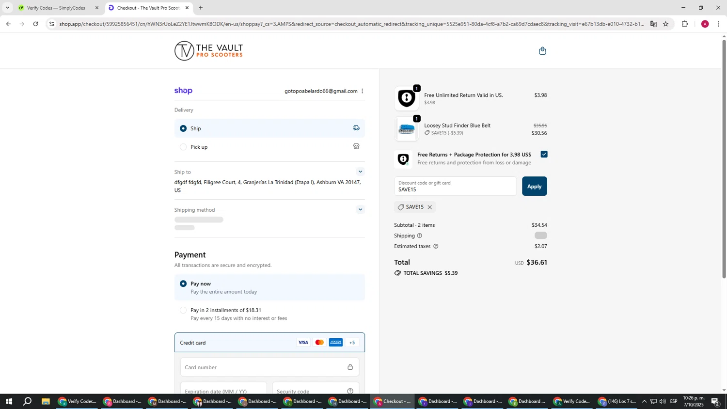 The Vault Pro Scooters discount code screenshot showing code SAVE15 applied at The Vault Pro Scooters checkout page. Uploaded by SimplyCodes community member BMWGS1200 on Oct 8, 2025