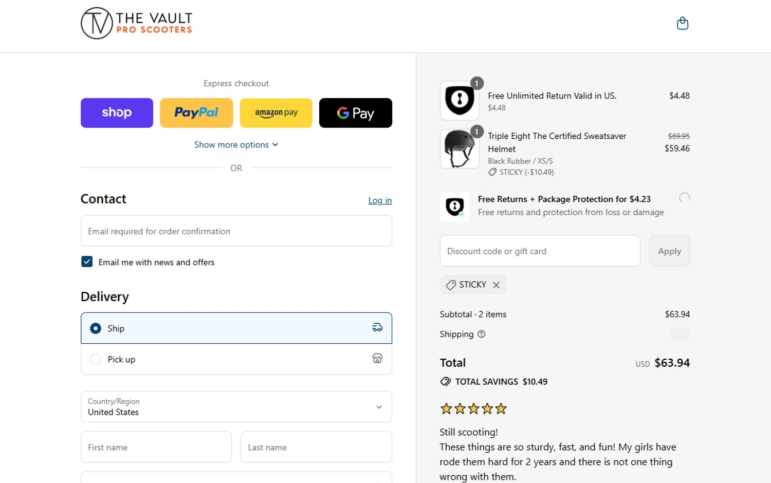 The Vault Pro Scooters discount code screenshot showing code STICKY applied at The Vault Pro Scooters checkout page. Uploaded by SimplyCodes community member VoucherVirtuoso2520 on Aug 31, 2025