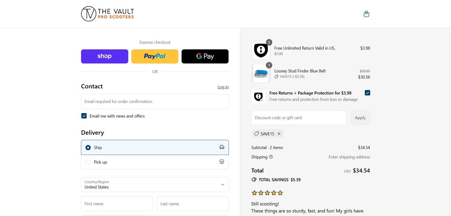 The Vault Pro Scooters discount code screenshot showing code SAVE15 applied at The Vault Pro Scooters checkout page. Uploaded by SimplyCodes community member Dorothy on Sep 6, 2025