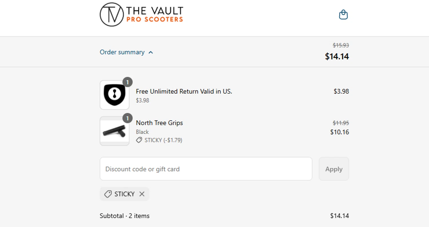 The Vault Pro Scooters discount code screenshot showing code STICKY applied at The Vault Pro Scooters checkout page. Uploaded by SimplyCodes community member ashe1986 on Jul 16, 2025