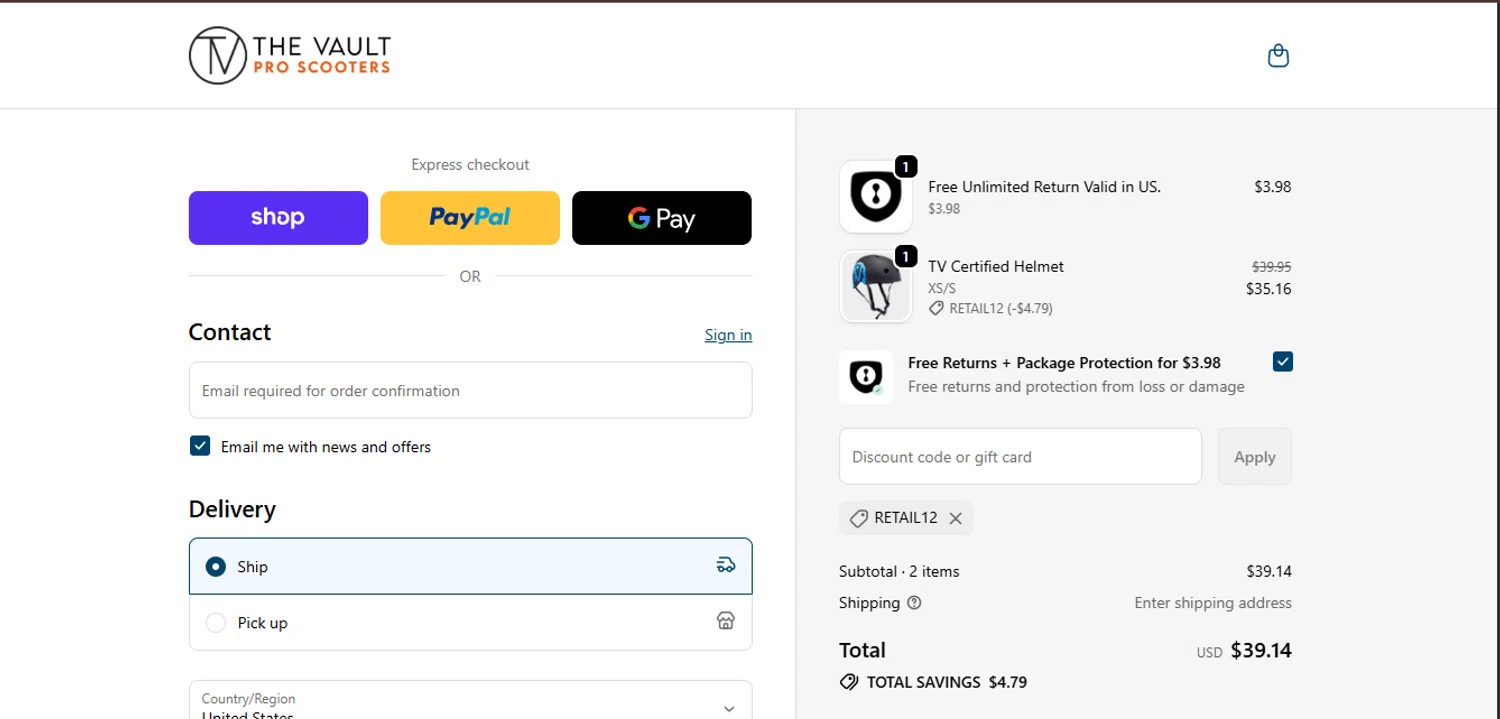 The Vault Pro Scooters discount code screenshot showing code RETAIL12 applied at The Vault Pro Scooters checkout page. Uploaded by SimplyCodes community member juanisaac on Oct 12, 2025