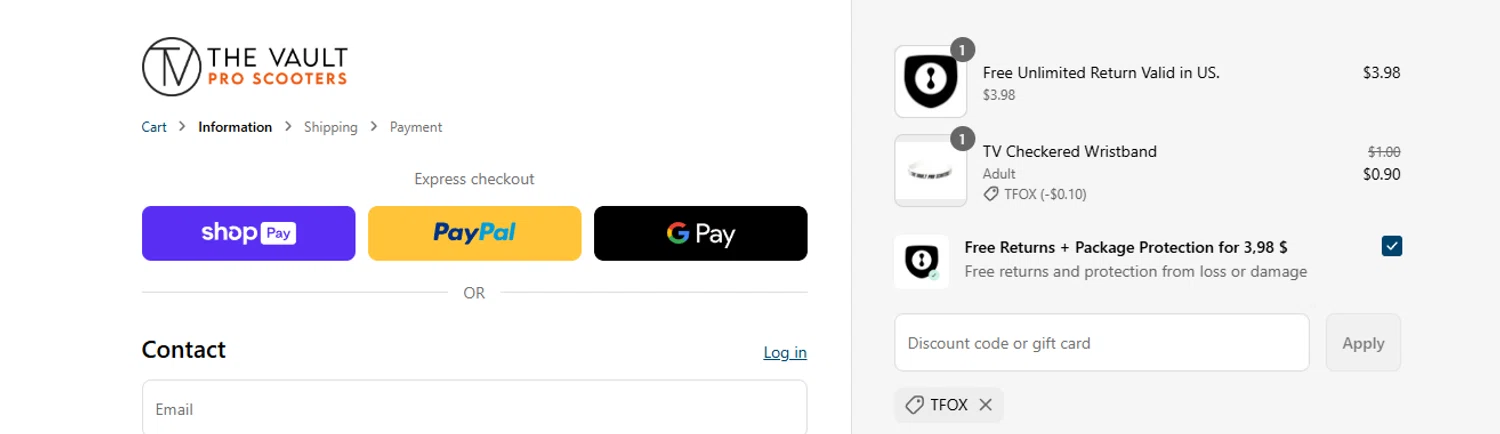 The Vault Pro Scooters discount code screenshot showing code TFOX applied at The Vault Pro Scooters checkout page. Uploaded by SimplyCodes community member ashe1986 on May 20, 2025