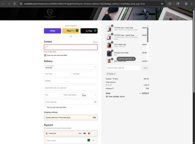 Vaultskin checkout page showing Vaultskin discount code box | Screenshot taken by SimplyCodes community member on Sep 15, 2025