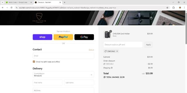 Vaultskin checkout page showing Vaultskin discount code box | Screenshot taken by SimplyCodes community member on Sep 15, 2025