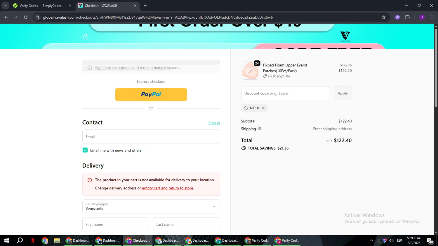 Vavalash promo code screenshot showing code NK10 applied at Vavalash checkout page. Uploaded by SimplyCodes community member ComeBurra123 on Feb 8, 2026