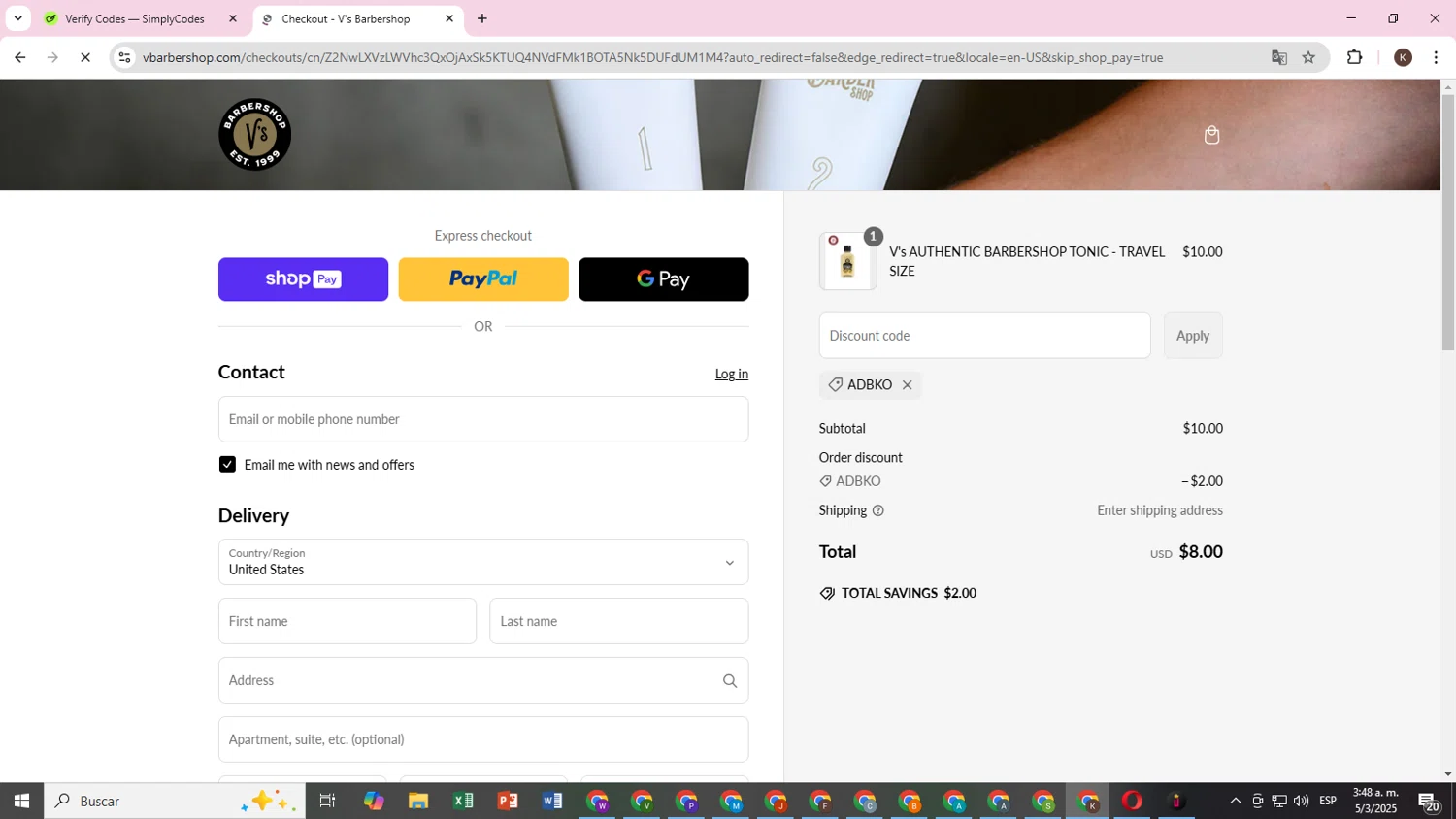 V's Barbershop promo code screenshot showing code Adbko applied at V's Barbershop checkout page. Uploaded by SimplyCodes community member TokenOwl8896 on Mar 5, 2025
