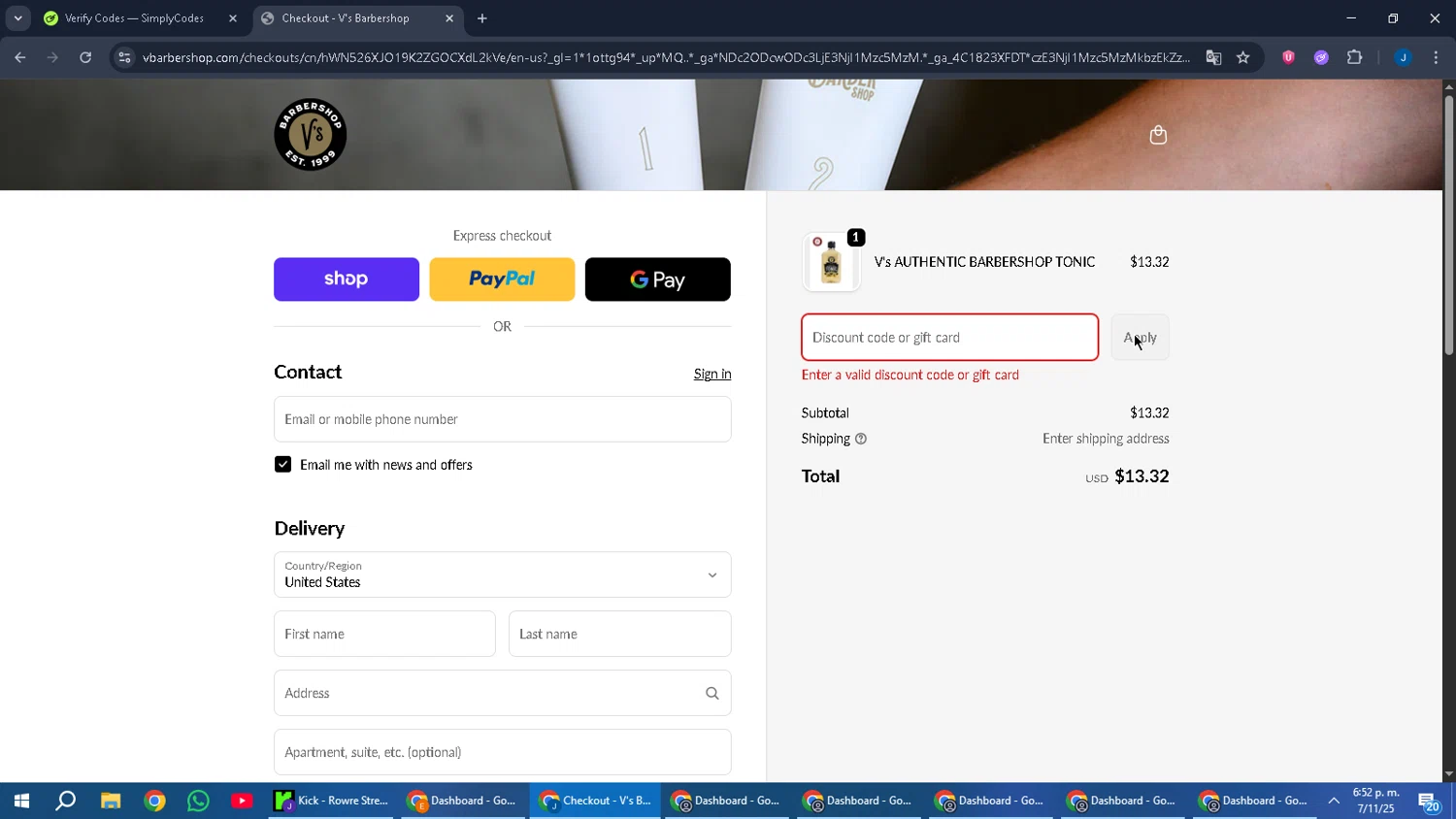 V's Barbershop promo code screenshot showing code ADFBU applied at V's Barbershop checkout page. Uploaded by SimplyCodes community member RebateCaptain6440 on Nov 7, 2025