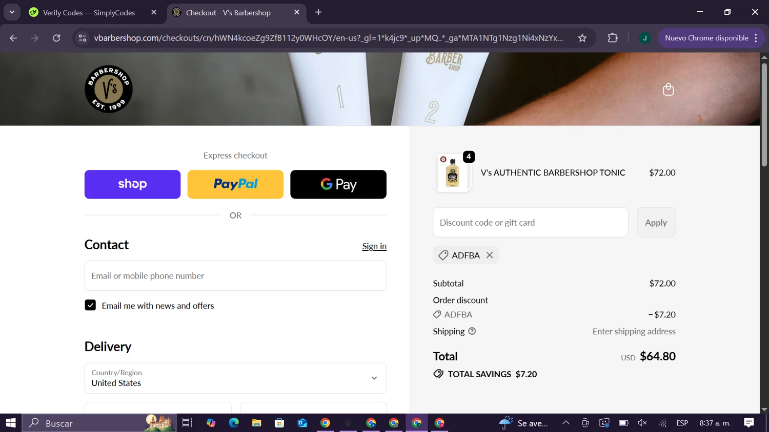 V's Barbershop checkout page showing V's Barbershop promo code box | Screenshot taken by SimplyCodes community member on Oct 31, 2025