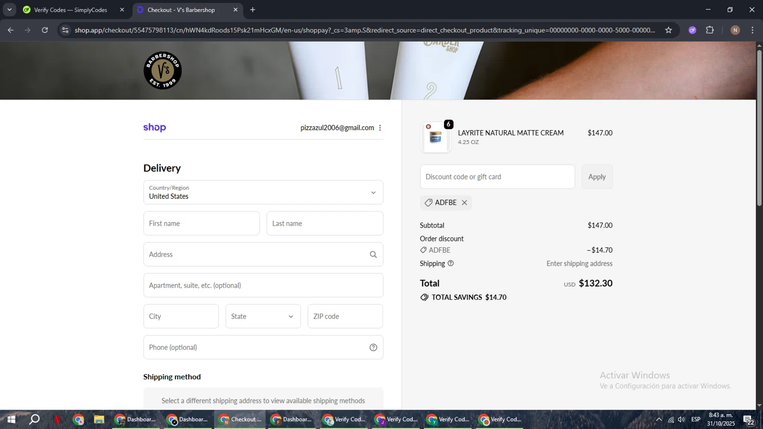 V's Barbershop checkout page showing V's Barbershop promo code box | Screenshot taken by SimplyCodes community member on Oct 31, 2025